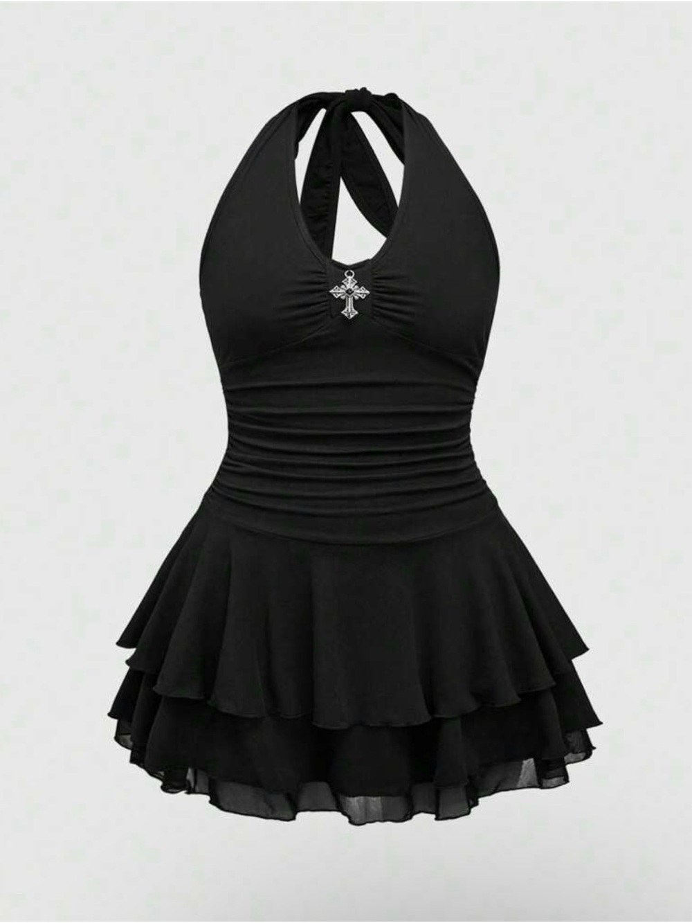 ROMWE Black Halter Tiered Ruffle Mini Dress with Cross Pendant